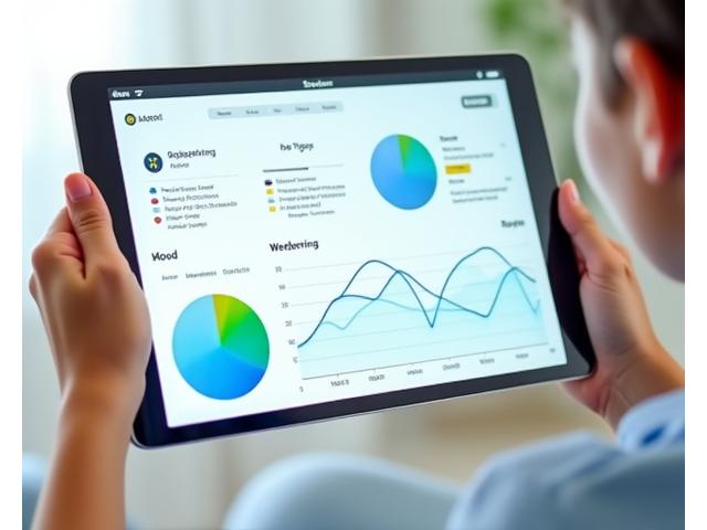 Interface de dashboard digital mostrando gráficos coloridos de rastreamento de humor, ícones de emoji, e tendências emocionais ao longo do tempo. O design é limpo e moderno, dominado por tons de azul, verde e amarelo.